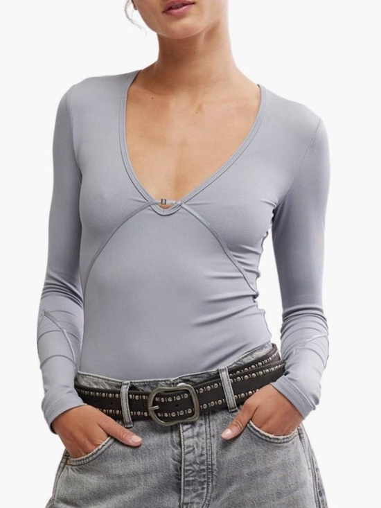 Free People Tops - Free People Victoria NWT Plunge Seamed Ribbed Long Sleeve Bodysuit Top Grey XL